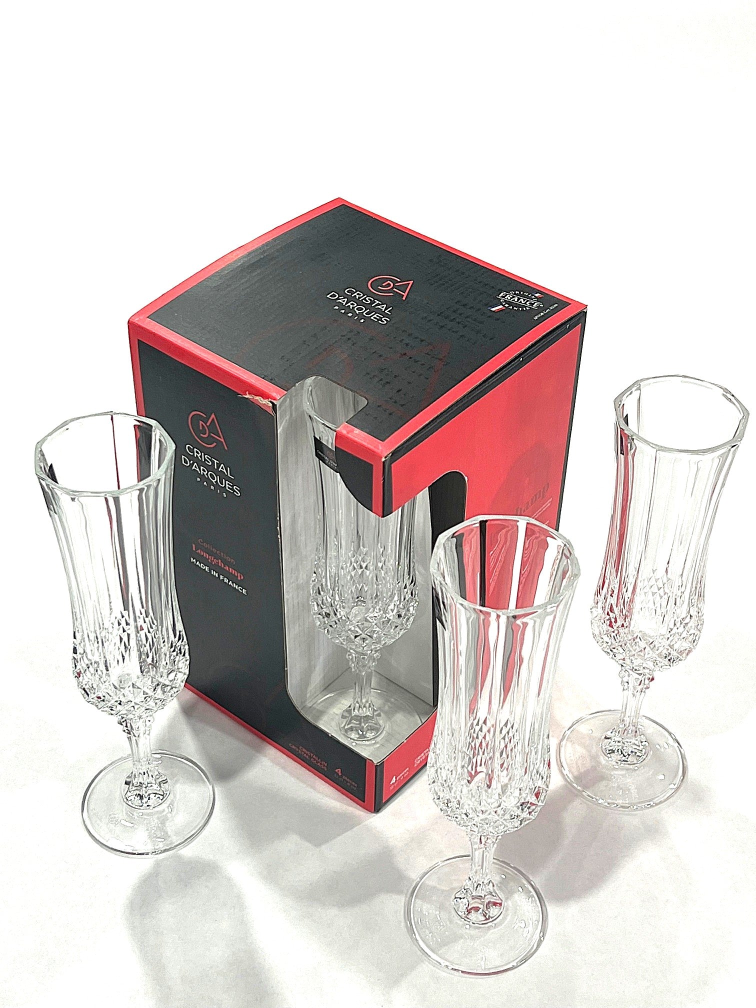 Longchamps Flute Champagne Set of 4 Crystal stems, by Cristal D'Arques 4.5-oz