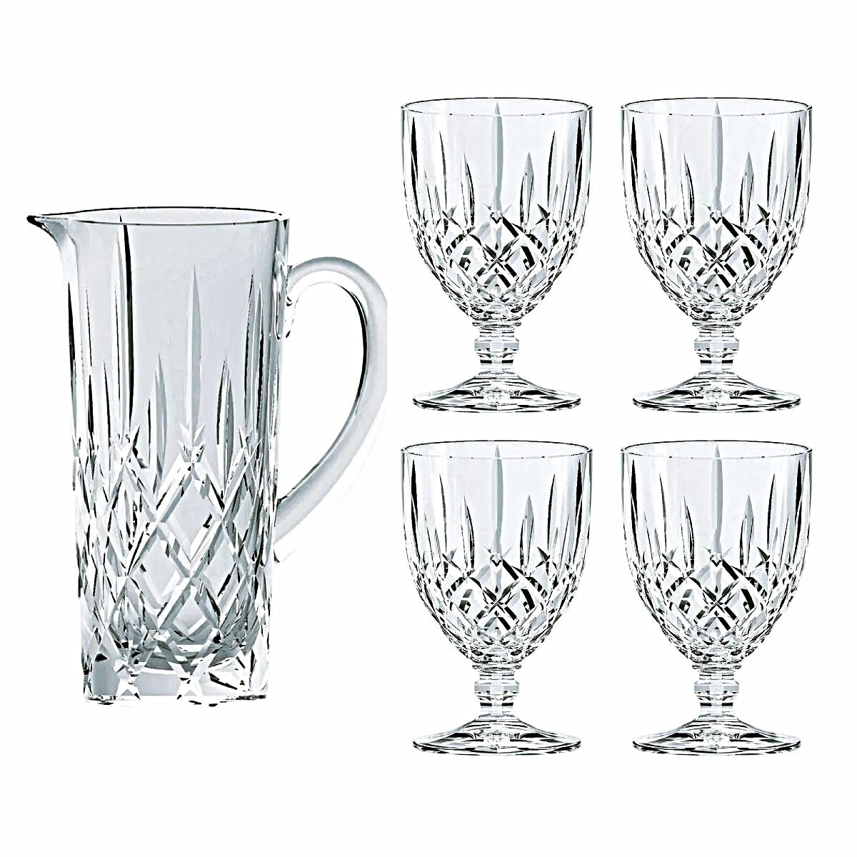 Nachtmann Noblesse 5 piece Set Includes 1-Pitcher and 4-All Purpose Glasses Made in Germany of Clear Crystal Glass