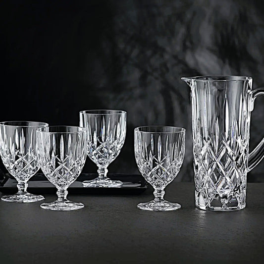 Nachtmann Noblesse 5 piece Set Includes 1-Pitcher and 4-All Purpose Glasses Made in Germany of Clear Crystal Glass