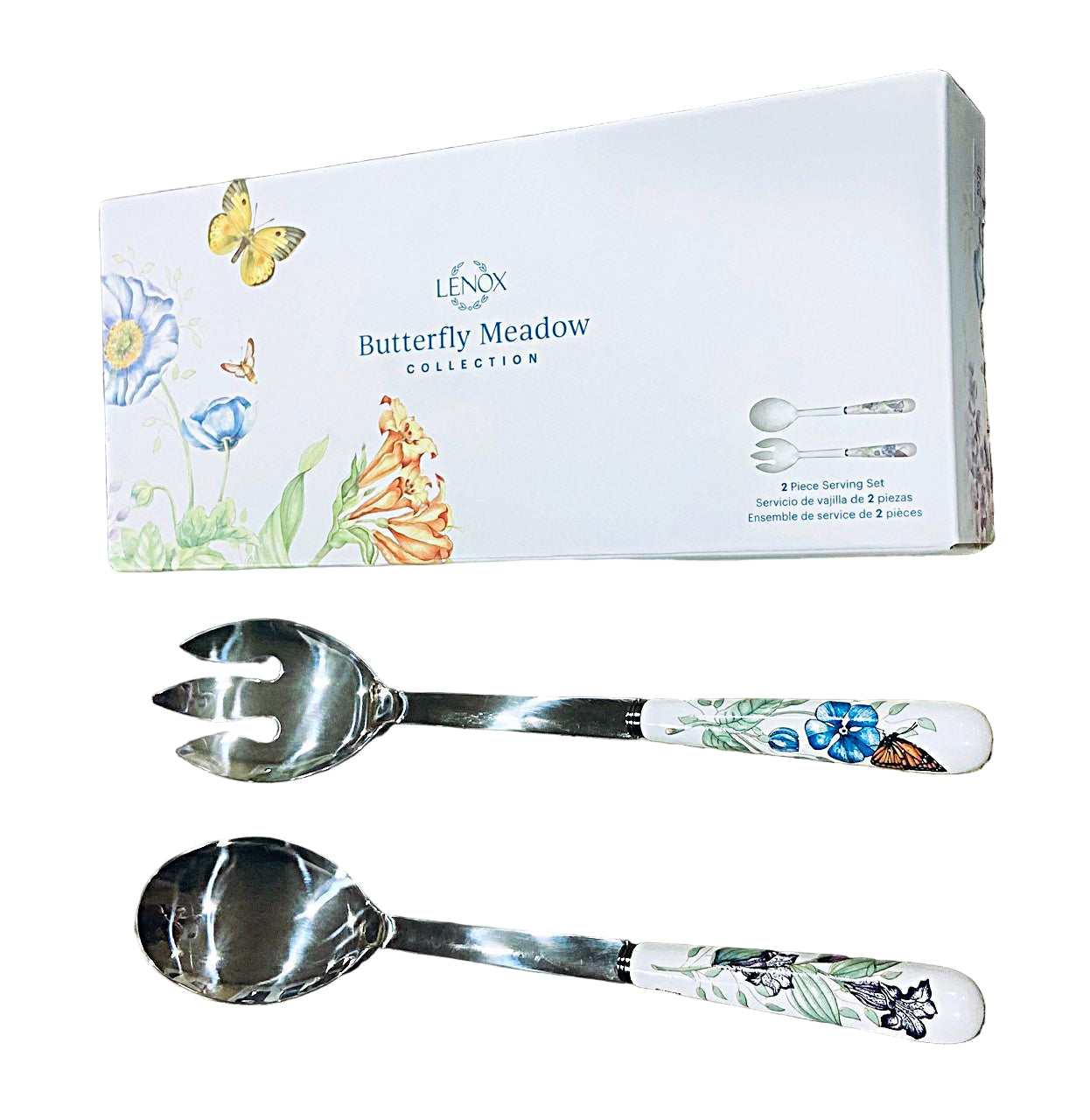 Lenox Butterfly Meadow collection silverware set with packaging in the background.