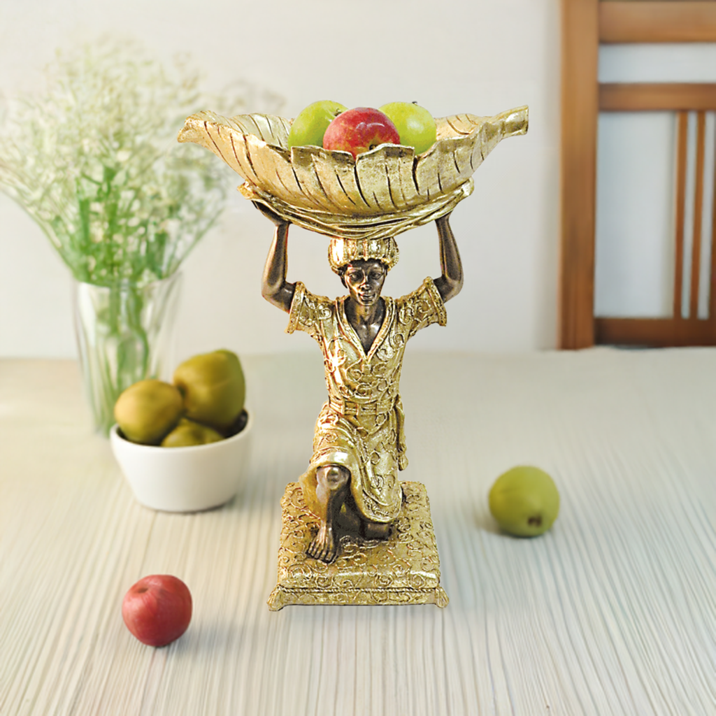 Servant Holding Fruit Bowl Statuette - 17" x 12" x 8"
