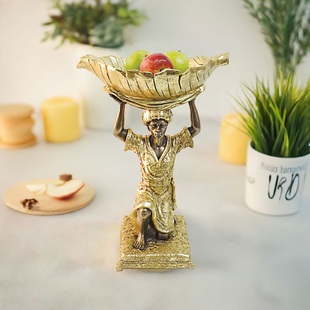 Servant Holding Fruit Bowl Statuette - 17" x 12" x 8"