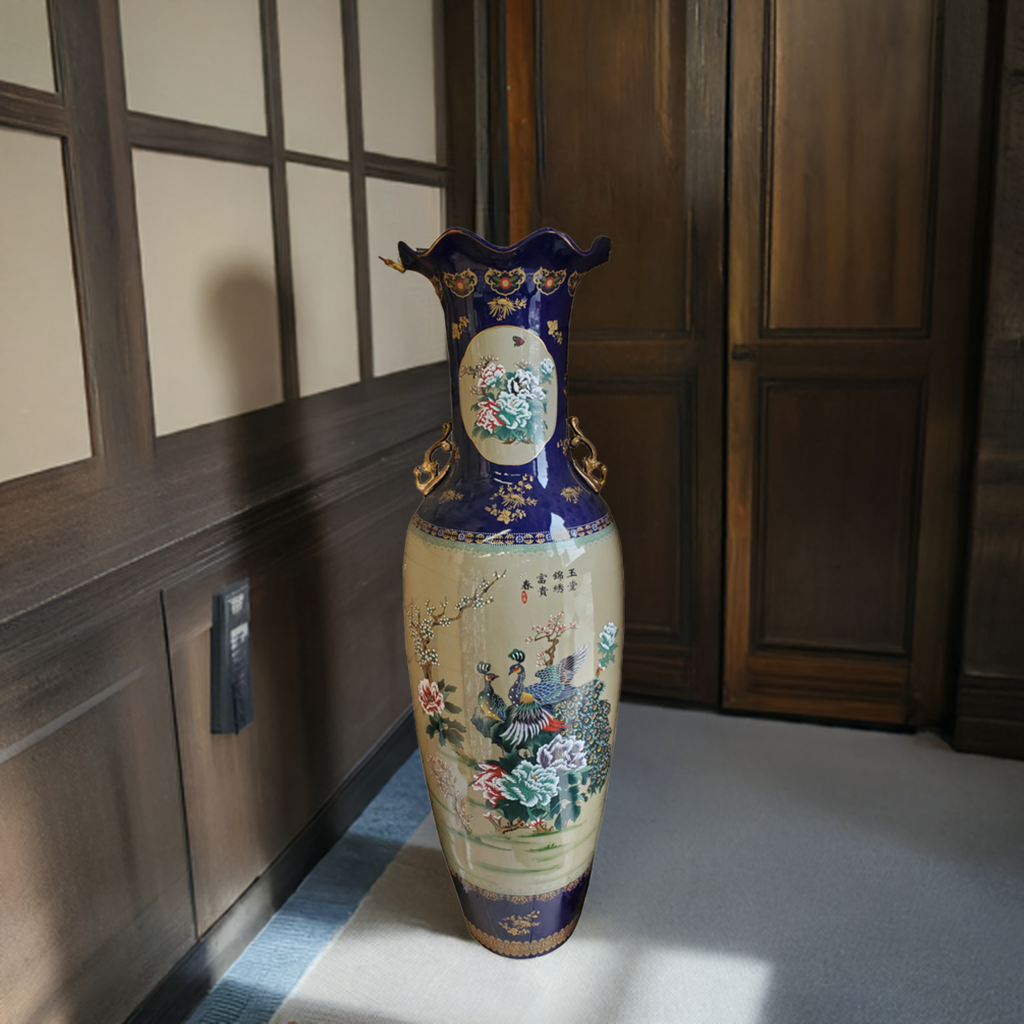 Vase 62"tall 17"diameter Cobalt Porcelain 2 Peacock Design