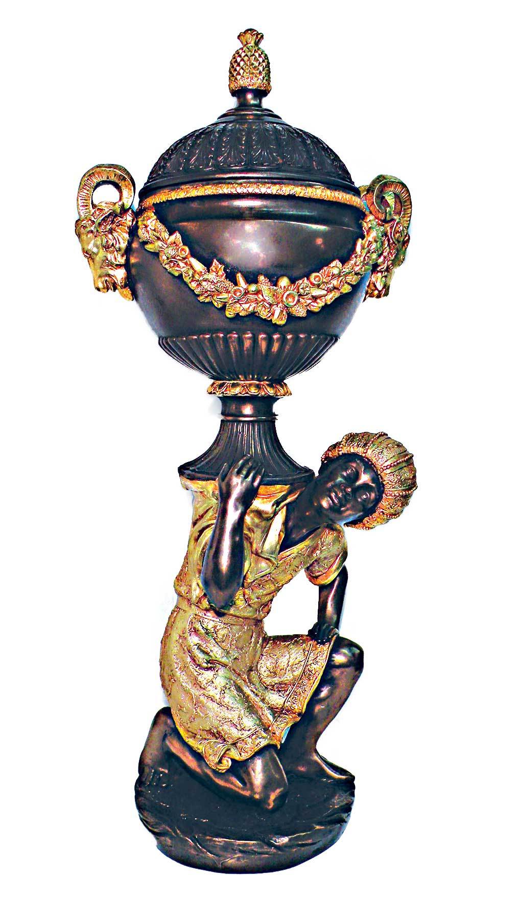 Bowl 32" Statuette Servant Holding Bowl Ceramic with Bronze Finish