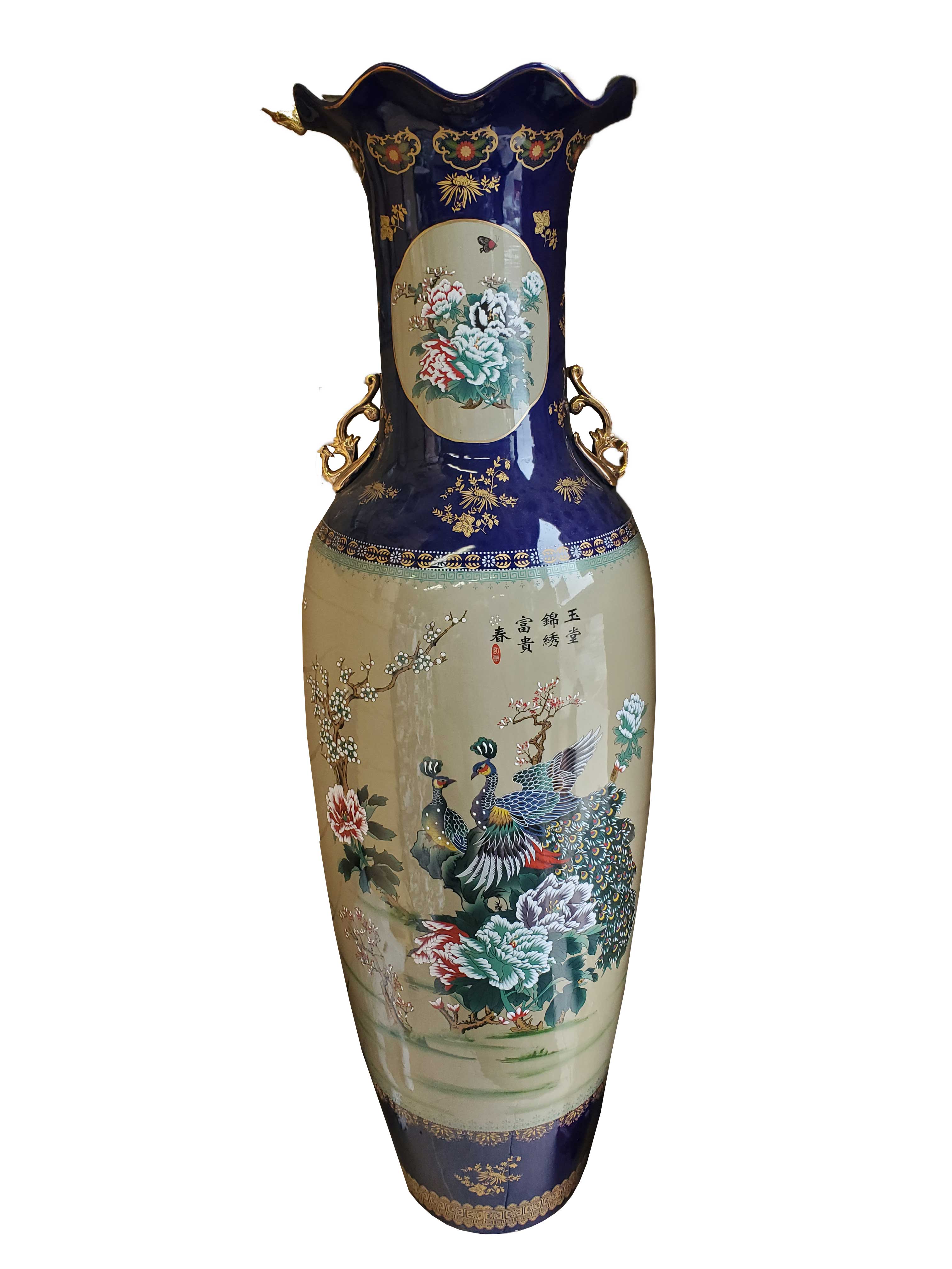 Vase 62"tall 17"diameter Cobalt Porcelain 2 Peacock Design
