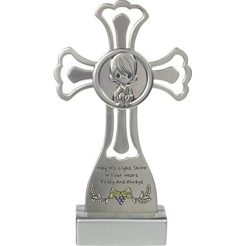 Precious Moments 172407 May His Light Shine in Your Heart Today & Always Boy First Communion Silver Zinc Alloy Cross with Stand, One Size, Multi