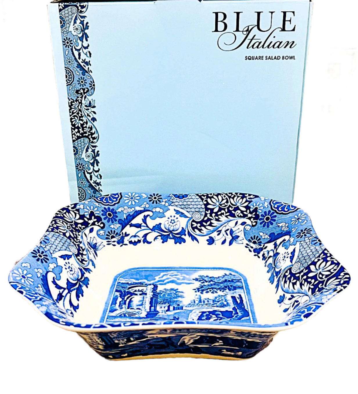 Spode Blue Italian 9.5-Inch Serving Bowl - Porcelain Bowl with Blue Patterned Rim