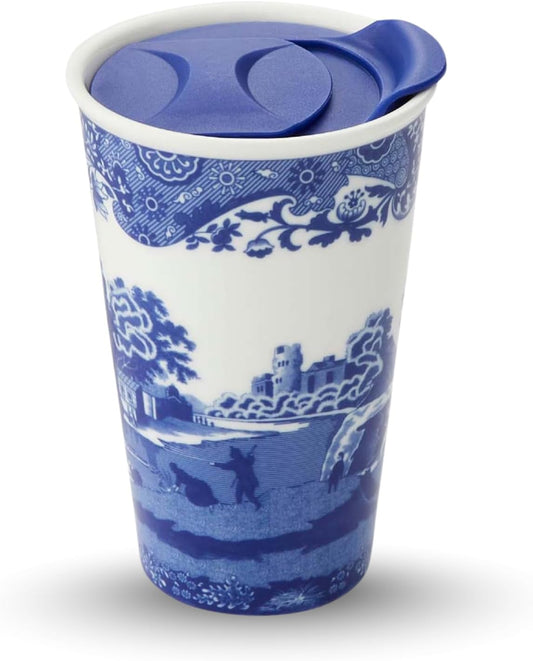 Spode Blue Italian 8-oz Porcelain Travel Mug with Lid – Scenic Patterned Drinkware with Decorative Border - Portable Porcelain