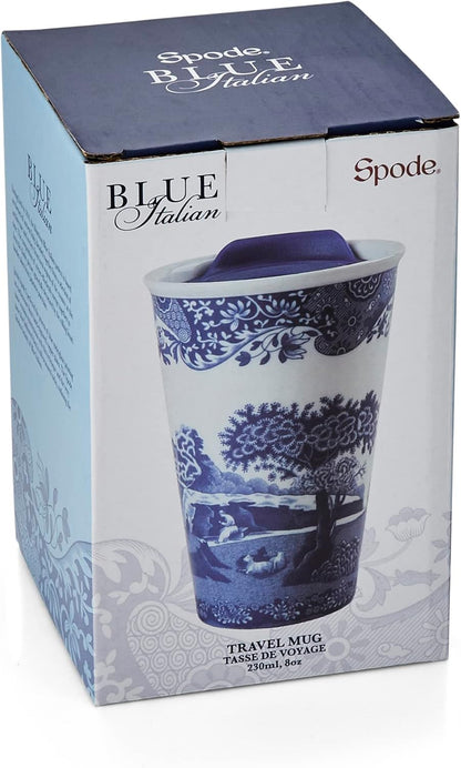 Spode Blue Italian travel mug packaging on a white background