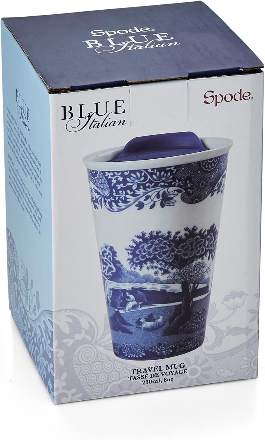Spode Blue Italian travel mug packaging on a white background
