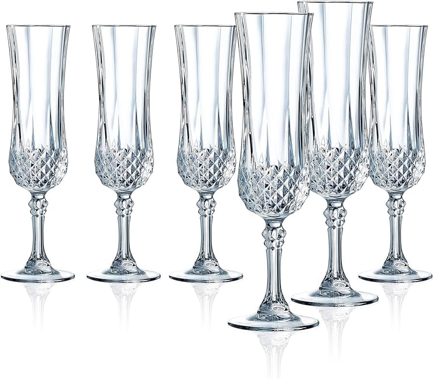 Cristal d'Arques Paris Longchamps Collection 6 Kwarx Champagne Flutes 14cl Shine, Transparency and High Resistance – Iconic Mouldings – Made in France
