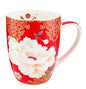 Red mug with white floral design and gold patterns on a white background