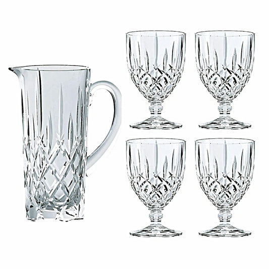 Nachtmann Noblesse 5 piece Set Includes 1-Pitcher and 4-All Purpose Glasses Made in Germany of Clear Crystal Glass