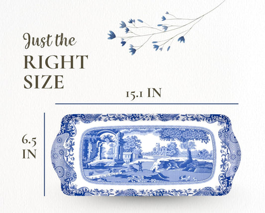 Pimpernel Blue Italian Sandwich Tray – (15.25" x 6.5") Rectangular Melamine 18th Century Inspired Countryside Design with sizes