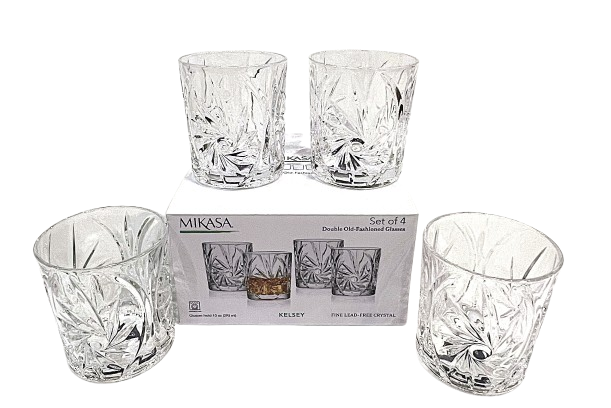 Mikasa Kelsey Crystal Glasses Double Old Fashion Set of 4
