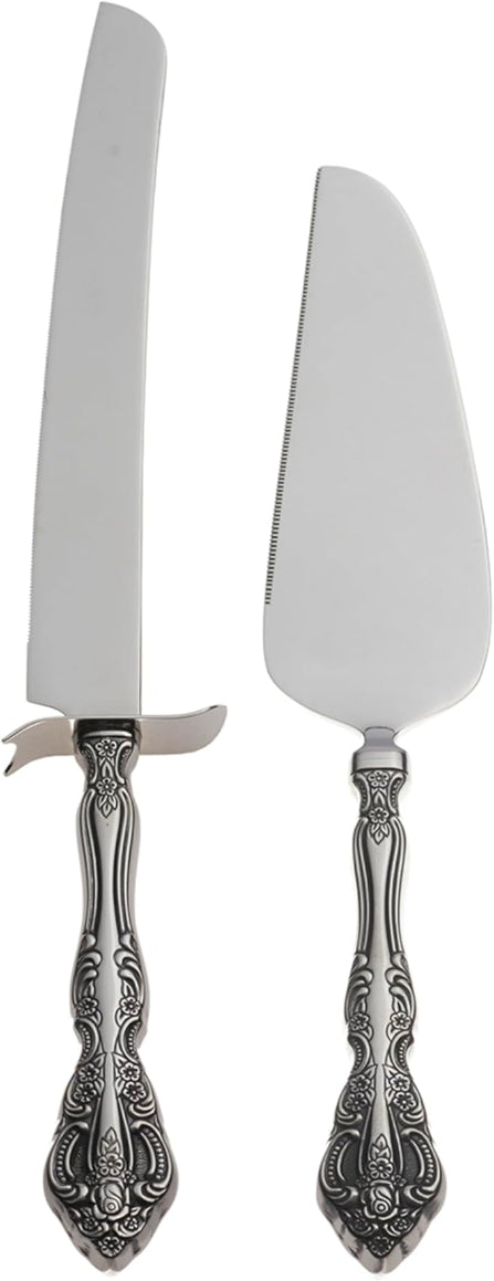 A 2-piece Oneida Michelangelo cake set including a cake knife and server with ornate silver handles.