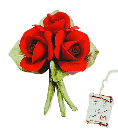 Capodimonte Roses on a Leaf Red 8" Porcelain Flower Hand Made and hand painted in Italy