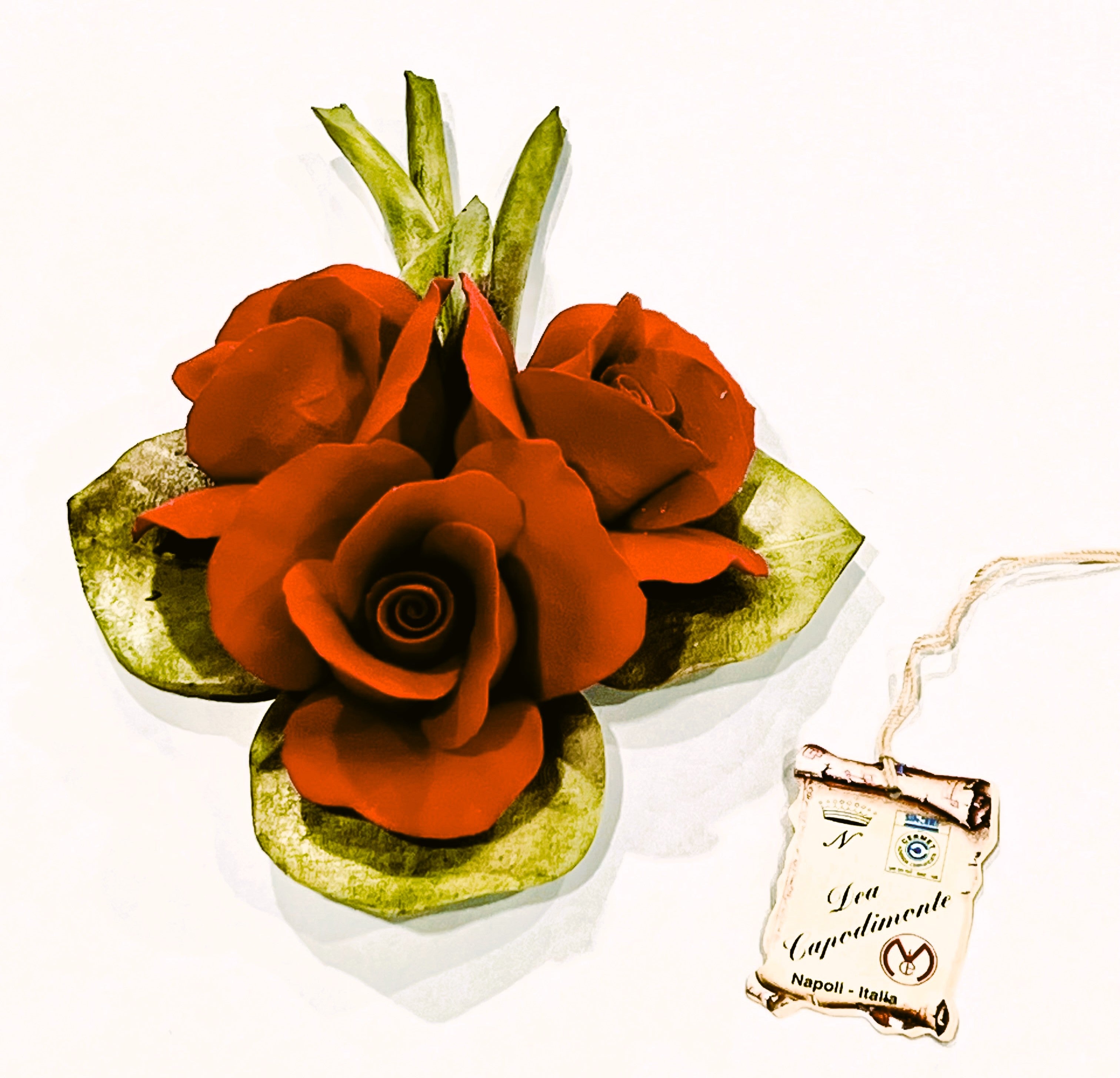 Capodimonte Roses on a Leaf Red 8" Porcelain Flower Hand Made and hand painted in Italy