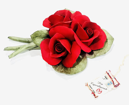 Capodimonte Roses on a Leaf Red 8" Porcelain Flower Hand Made and hand painted in Italy