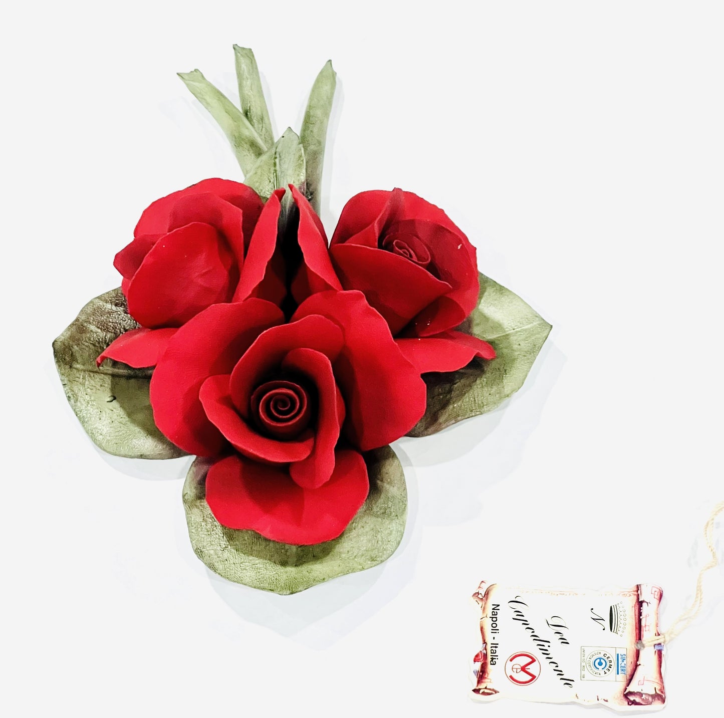Capodimonte Roses on a Leaf Red 8" Porcelain Flower Hand Made and hand painted in Italy