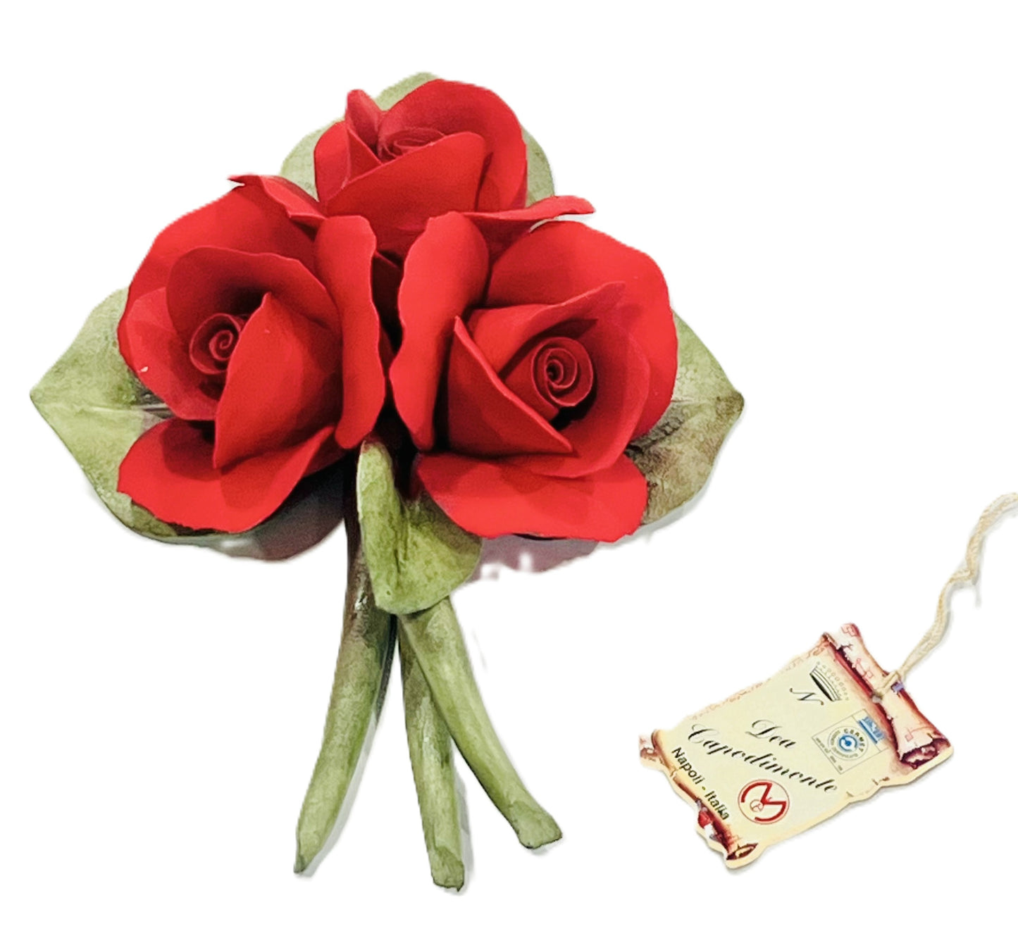 Capodimonte Roses on a Leaf Red 8" Porcelain Flower Hand Made and hand painted in Italy