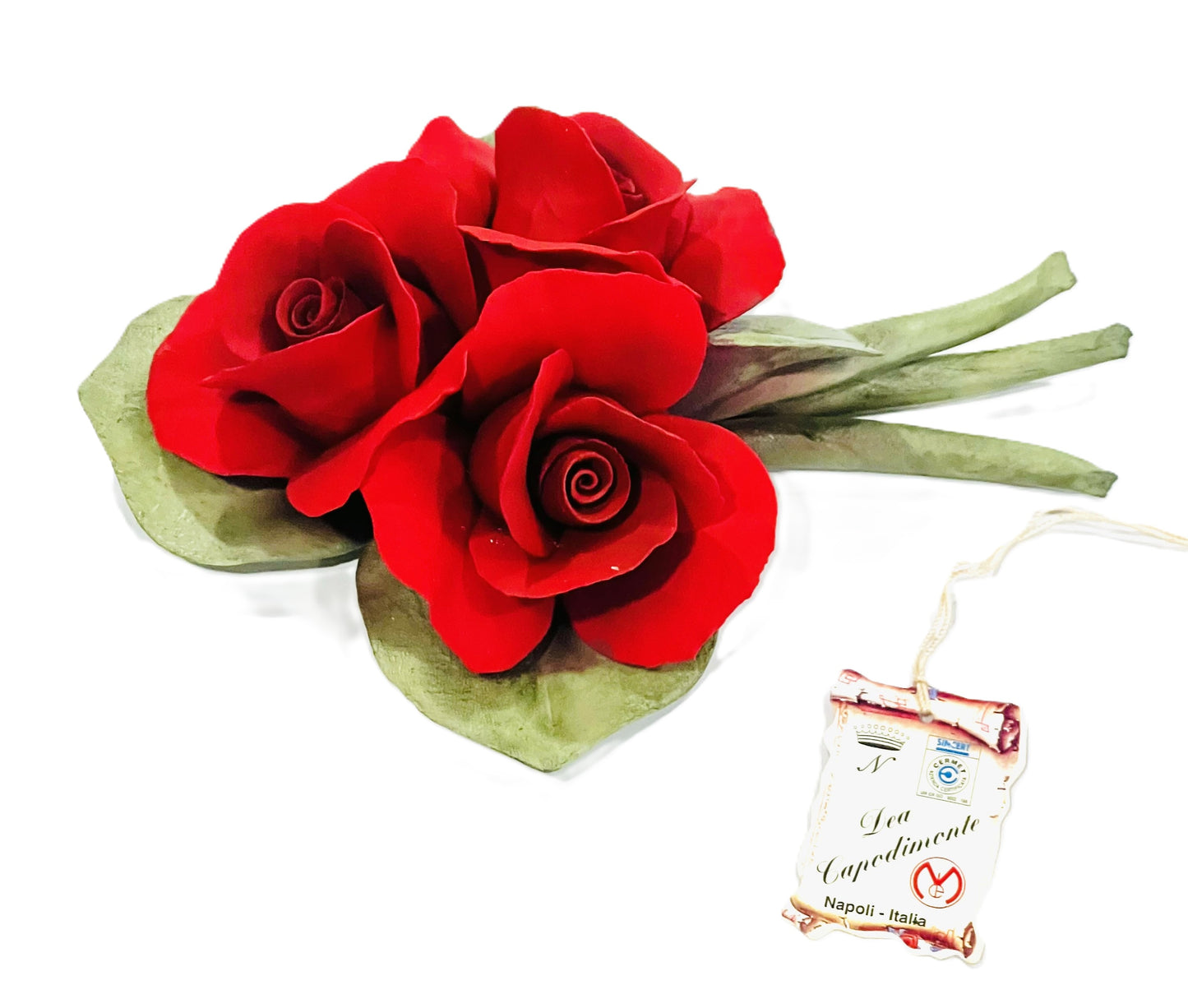 Capodimonte Roses on a Leaf Red 8" Porcelain Flower Hand Made and hand painted in Italy