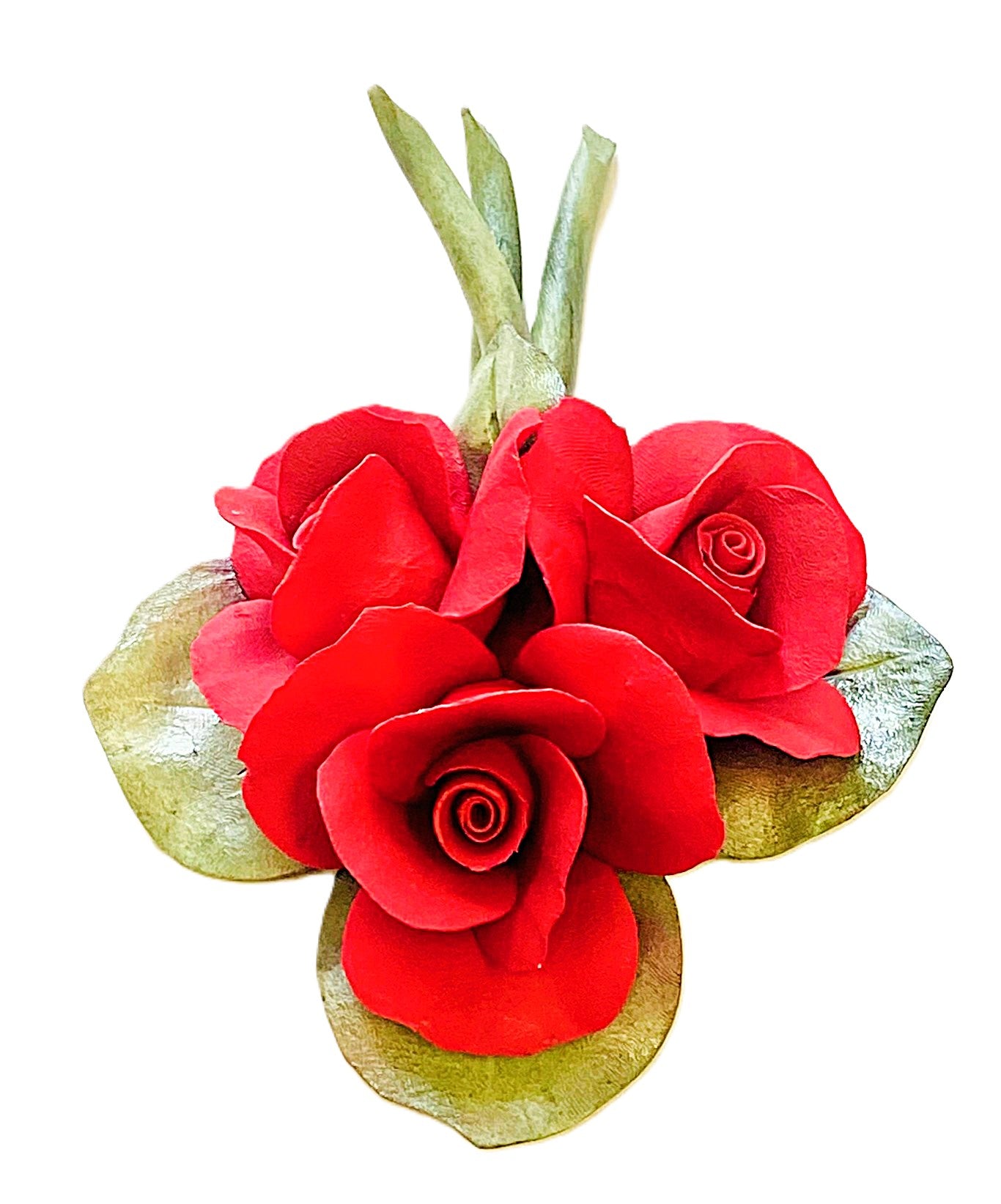 Capodimonte Roses on a Leaf Red 8" Porcelain Flower Hand Made and hand painted in Italy