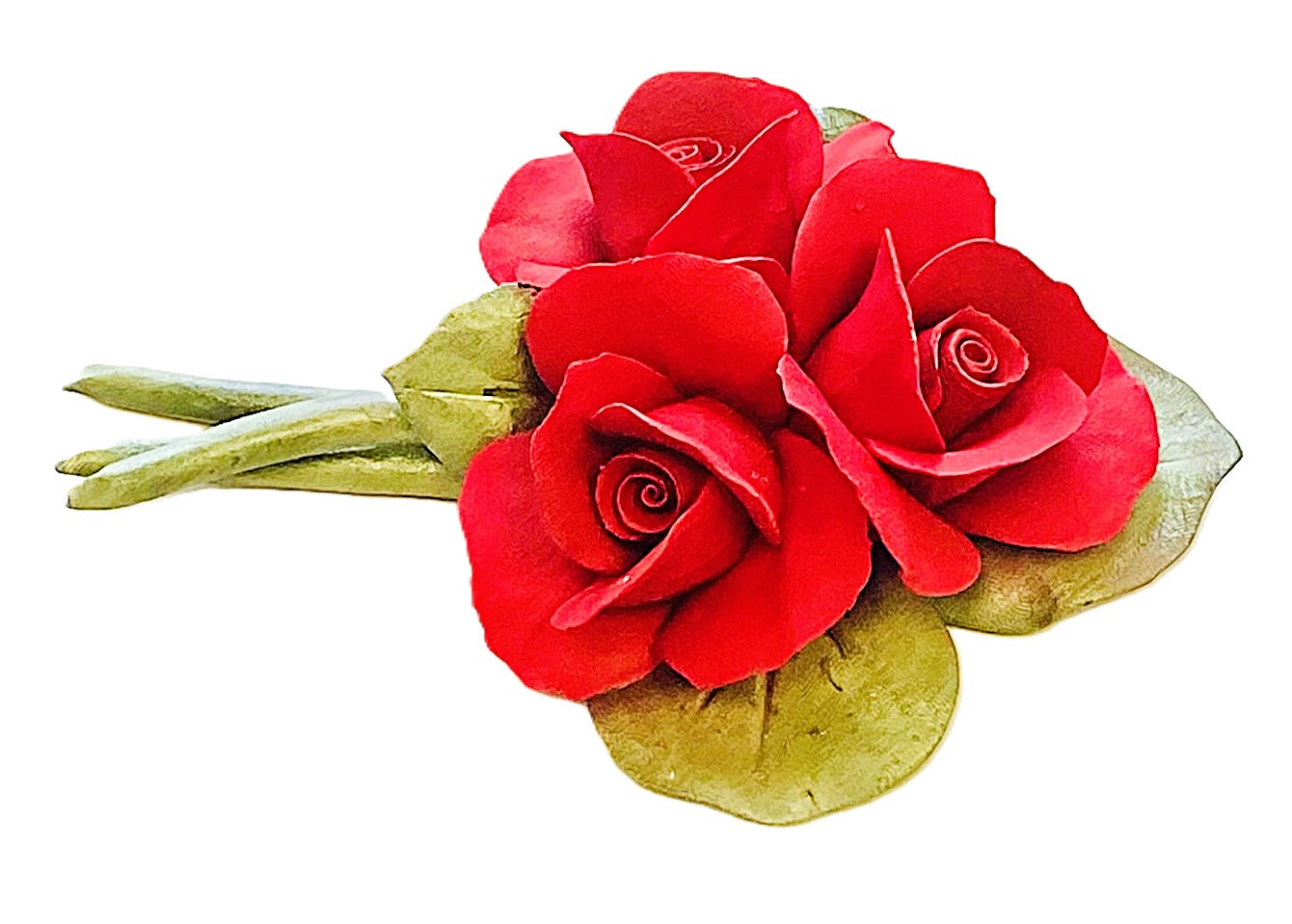 Capodimonte Roses on a Leaf Red 8" Porcelain Flower Hand Made and hand painted in Italy
