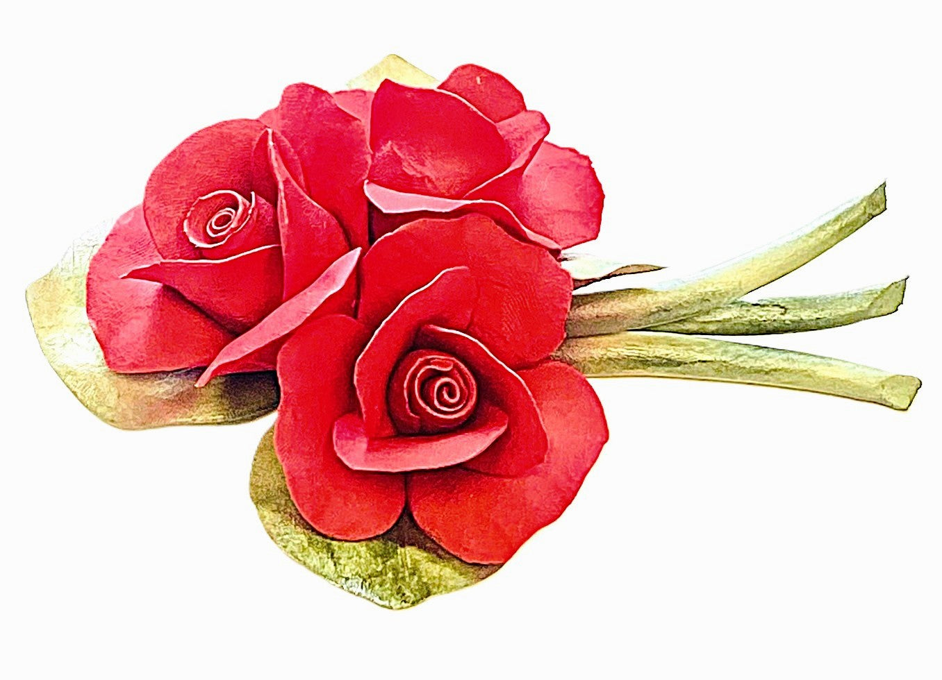 Capodimonte Roses on a Leaf Red 8" Porcelain Flower Hand Made and hand painted in Italy