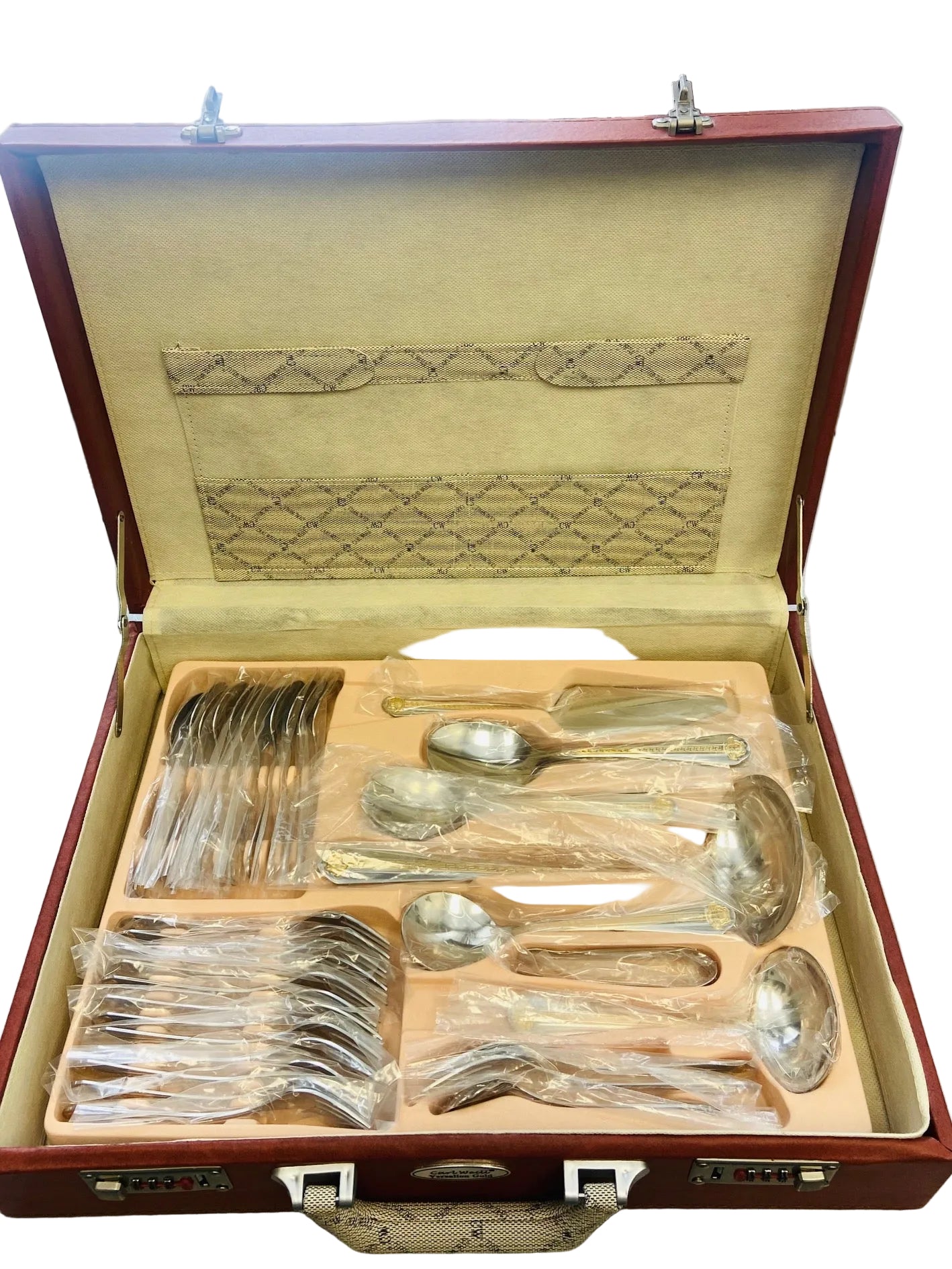Set of silverware in an open case with a decorative interior.