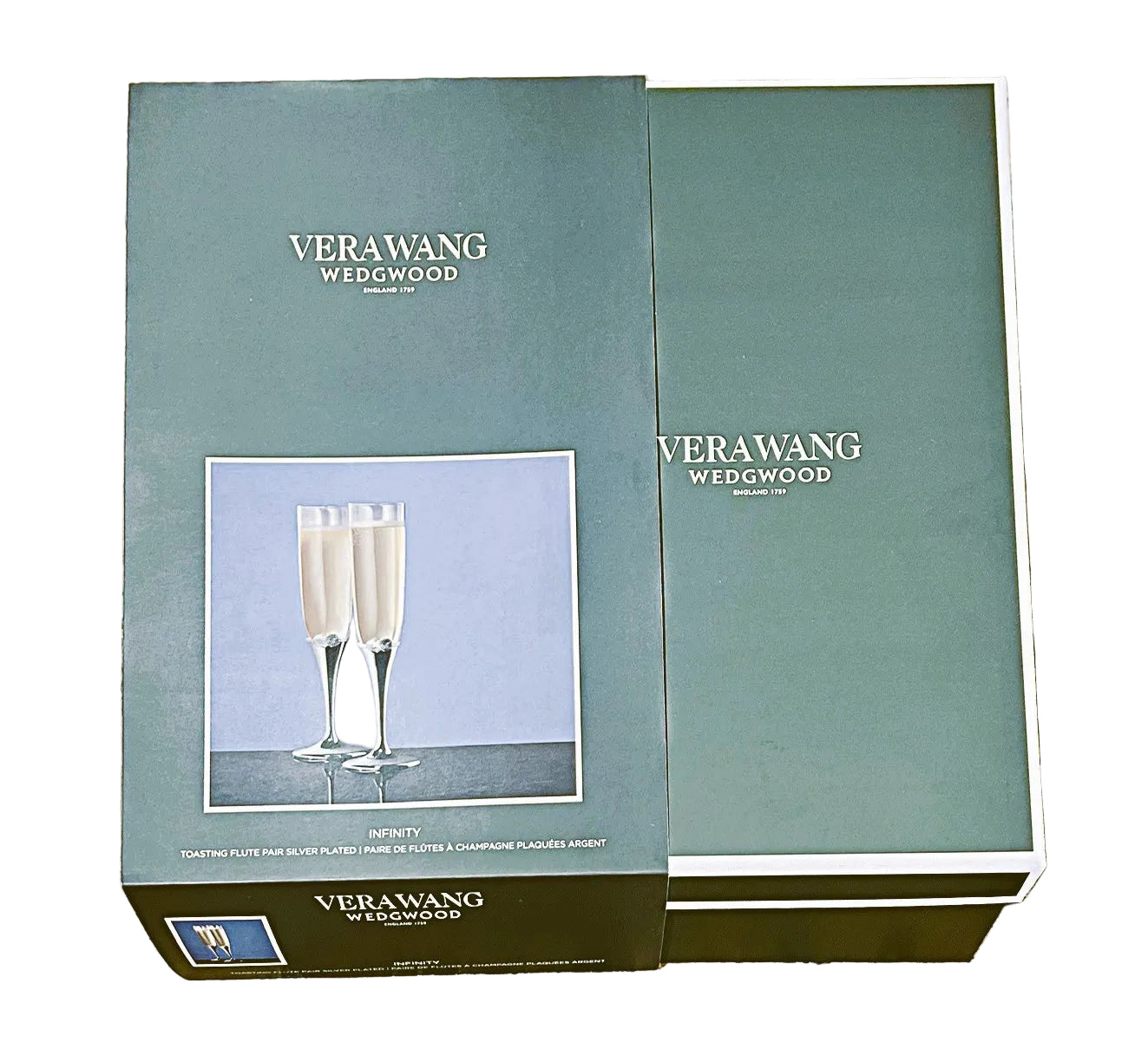 Vera Wang Infinity Toasting Flutes pair by Wedgwood crystal flute and metal base 10"tall
