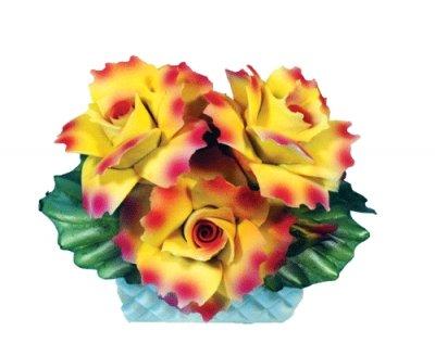Capodimonte Carnations in a Basket Yellow and Pink 6" Porcelain Flower Hand Made and painted in Italy